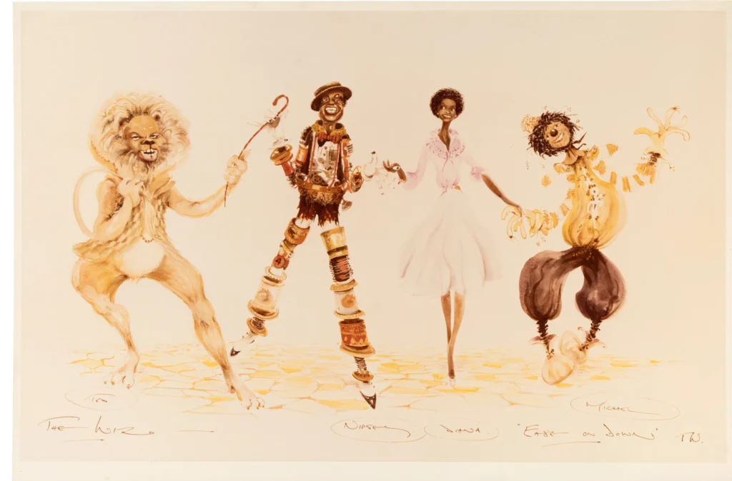 "Museum display cabinet showing The Wiz movie props and Tony Walton designs.