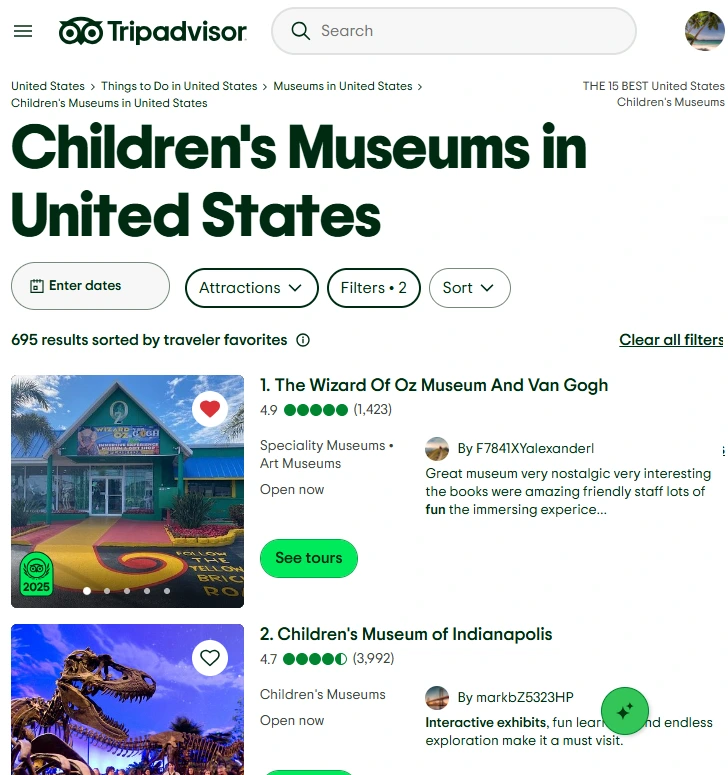 Tripadvisor ranking showing The Wizard of Oz Museum ranked #1 among children’s museums in the USA.