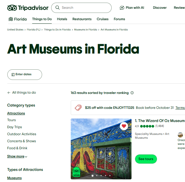Tripadvisor Florida art museums ranking showing The Wizard of Oz Museum & Van Gogh in first place.