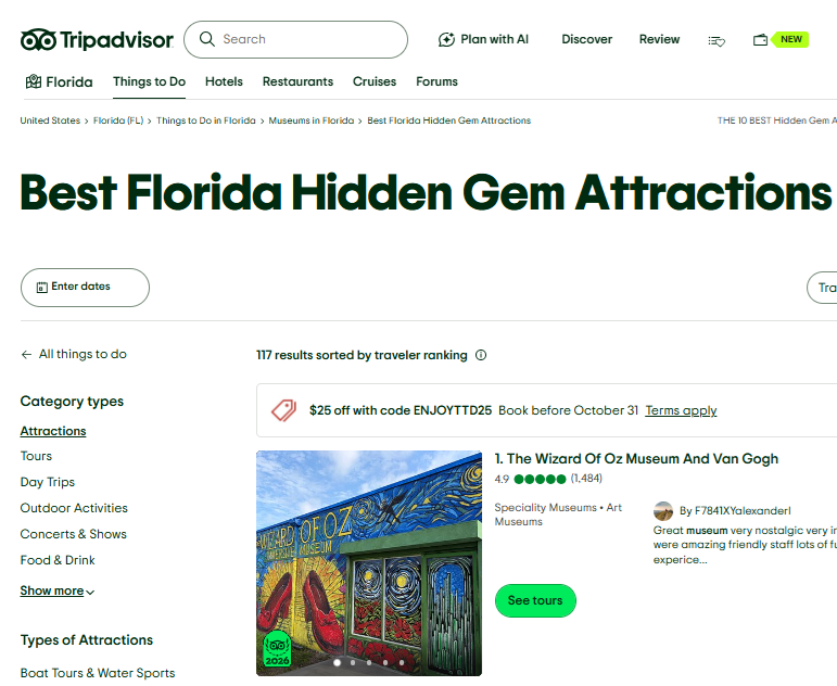 Tripadvisor Florida hidden gem attractions list featuring The Wizard of Oz Museum & Van Gogh at number one.