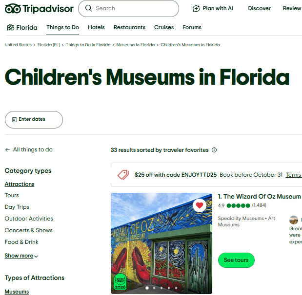 Tripadvisor Florida children's museums ranking showing The Wizard of Oz Museum & Van Gogh at number one.